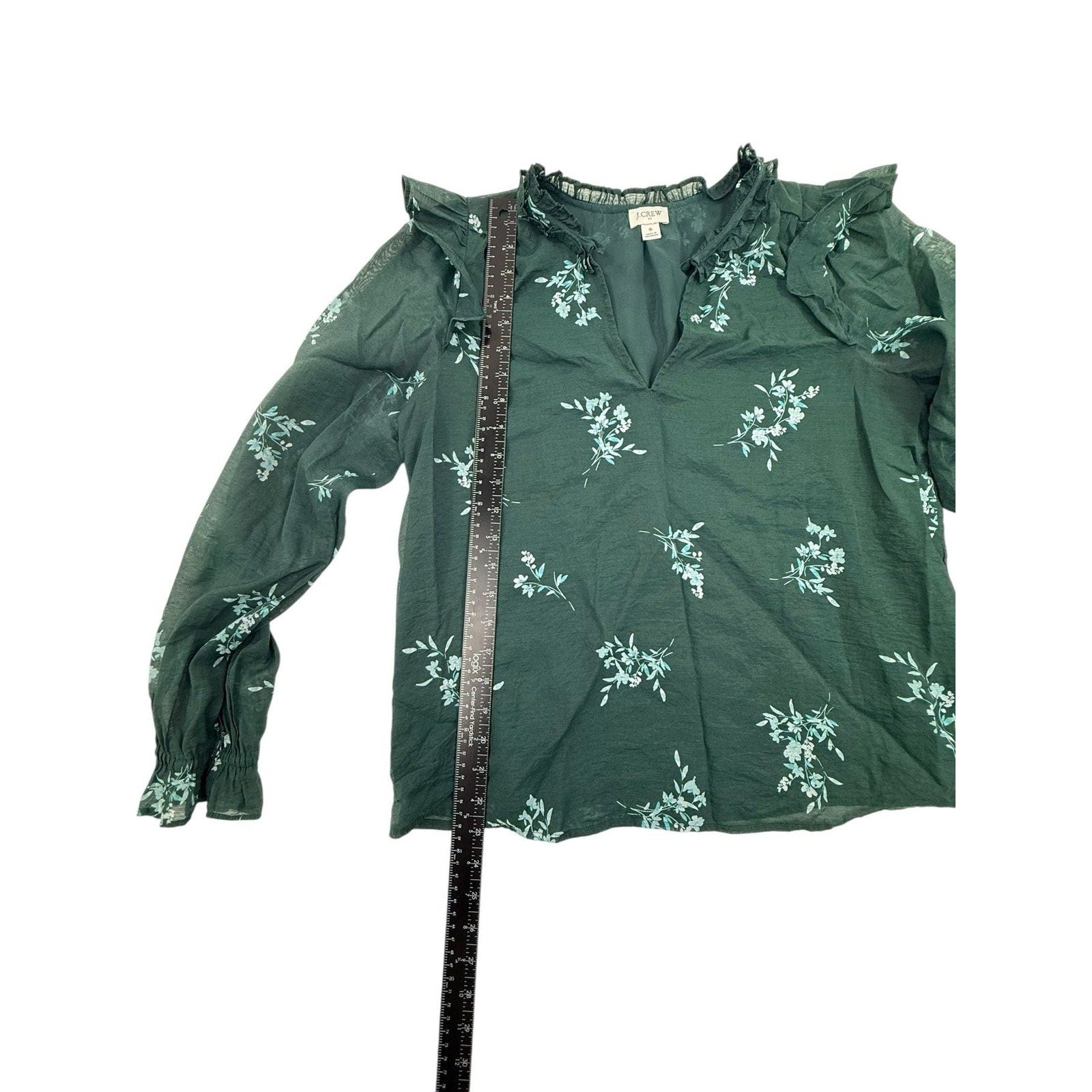 J.Crew Ruffle Collar Floral V-Neck Sheer Blouse in Emerald Green Size S