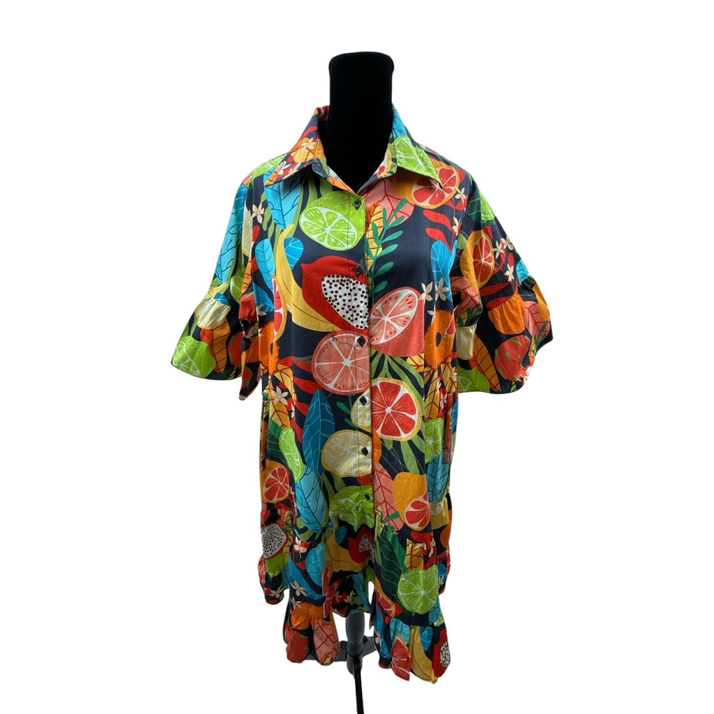 Maude Vivante 100% Cotton Tropical Fruit Print Tiered Shirt Dress