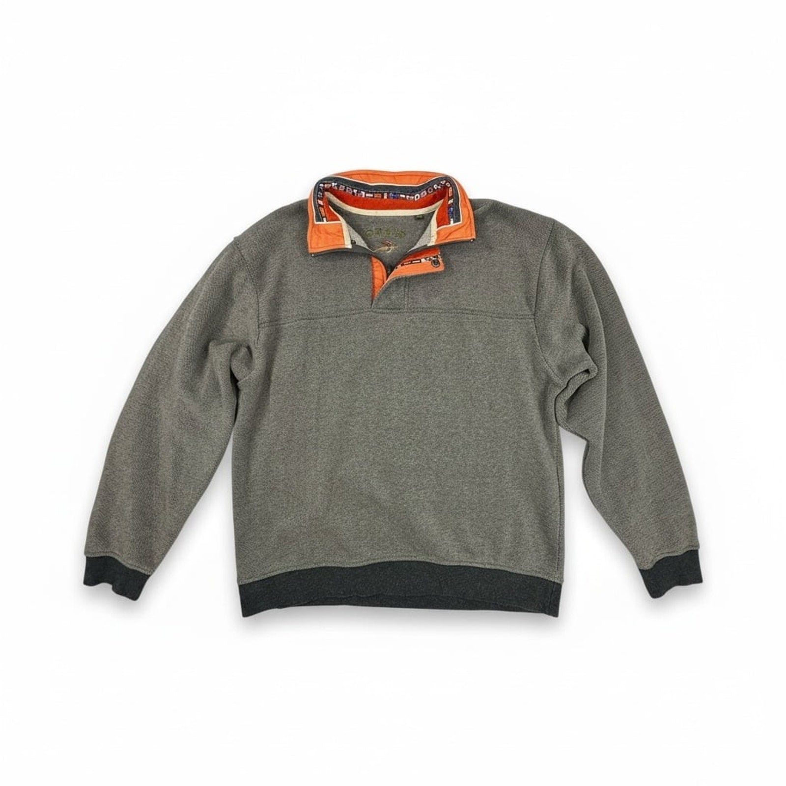 Orvis Men's Gray Waffle Knit 1/4 Zip Pullover with World Flags Collar size L