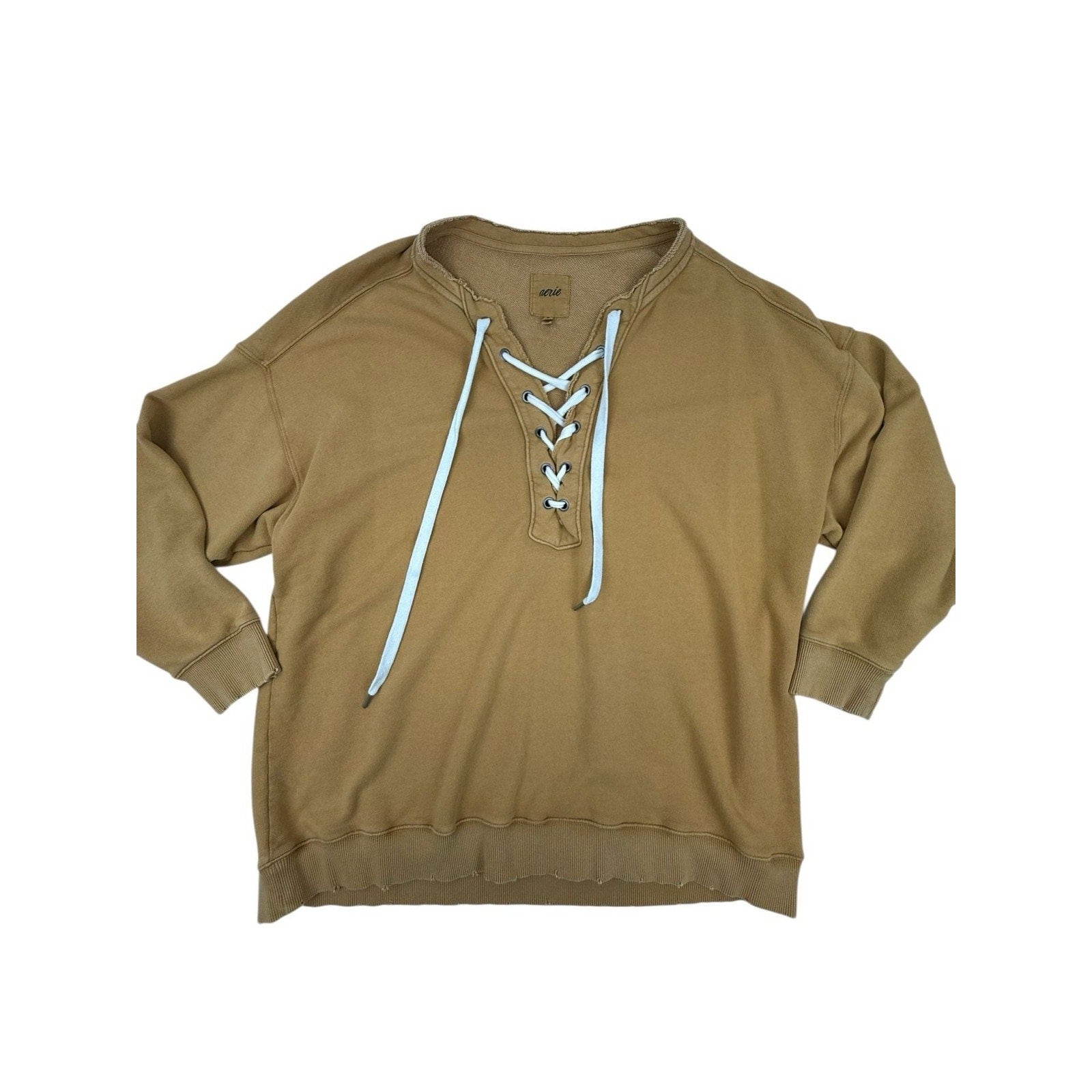Aerie Mustard Yellow Lace-Up V-Neck Oversized Distressed Sweatshirt Size XL