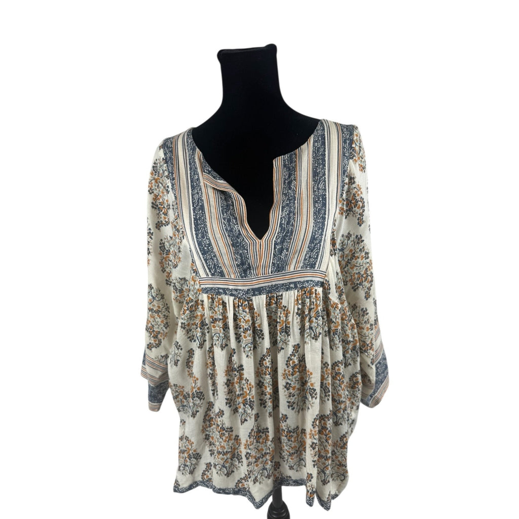 Lucky Brand Orange/Blue Floral Tunic Blouse Shirt 3/4 Sleeve Size M