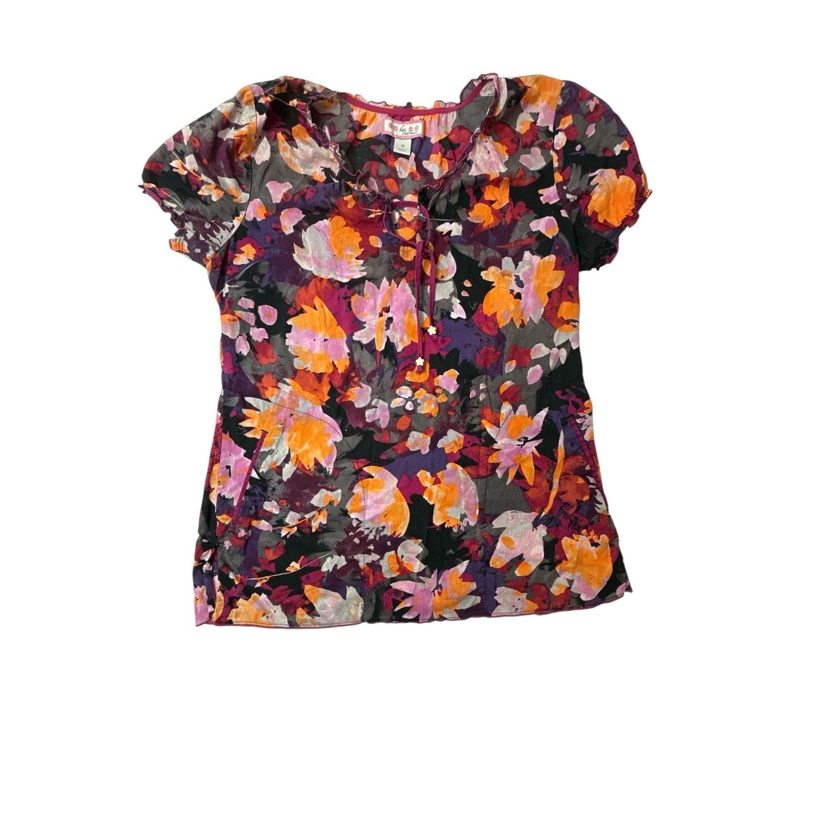 Koi by Kathy Peterson Floral Ruffle V-Neck Scrub Blouse Top Size Medium