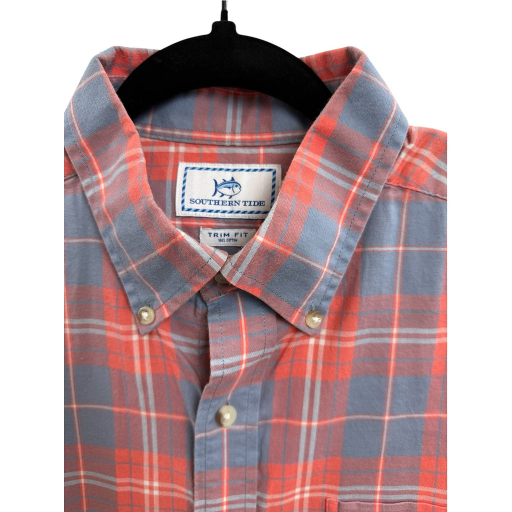 Mens Southern Tide Trim Fit Cotton Shirt Coral Pink Blue Plaid Size M