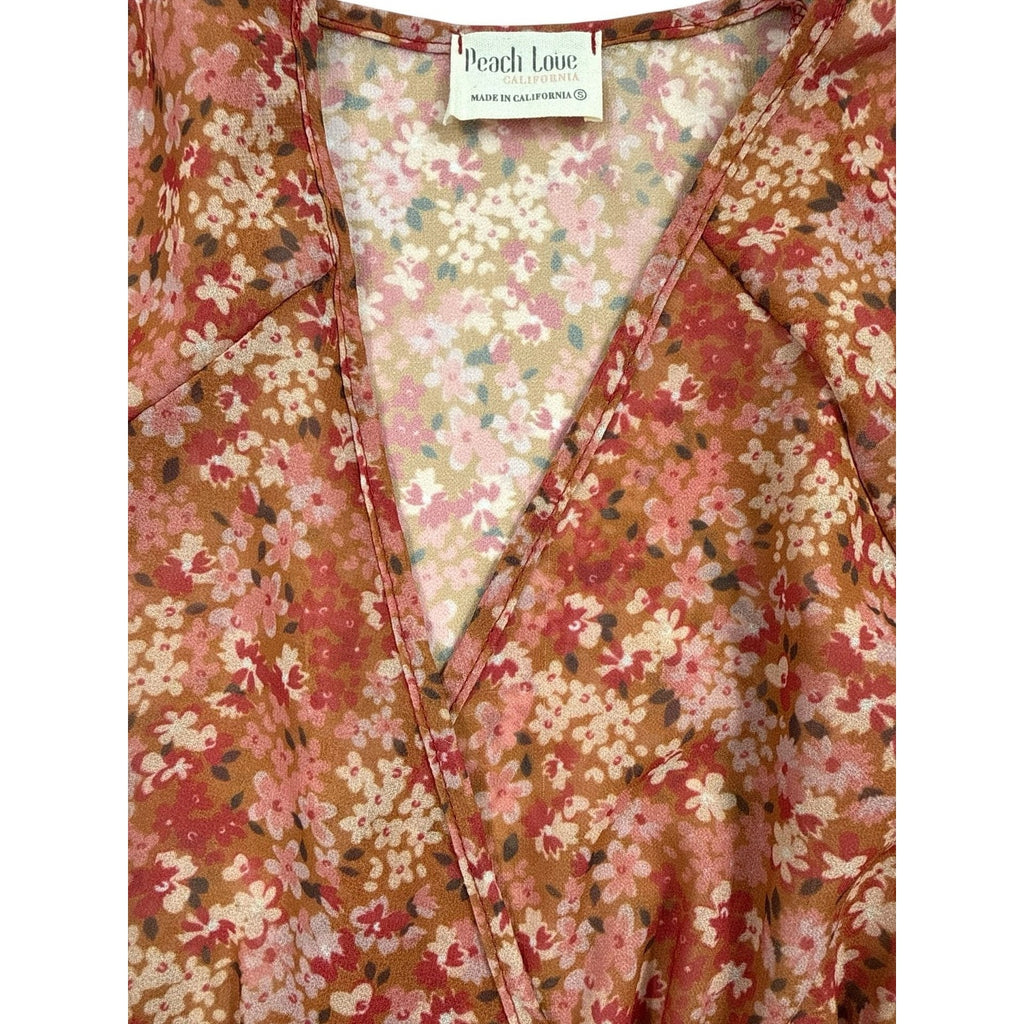 Peach Love California Floral Smocked Waist Bell Sleeve Wrap Blouse