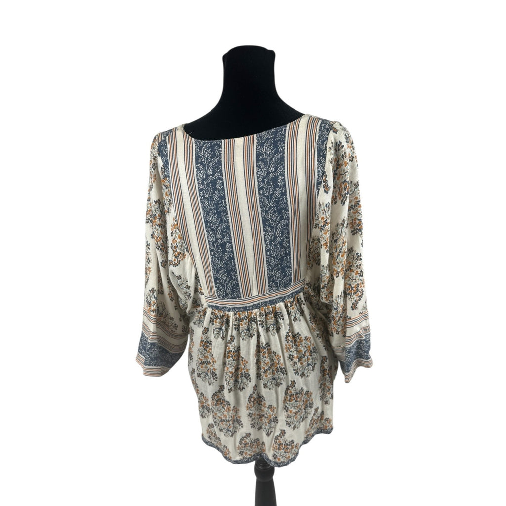 Lucky Brand Orange/Blue Floral Tunic Blouse Shirt 3/4 Sleeve Size M