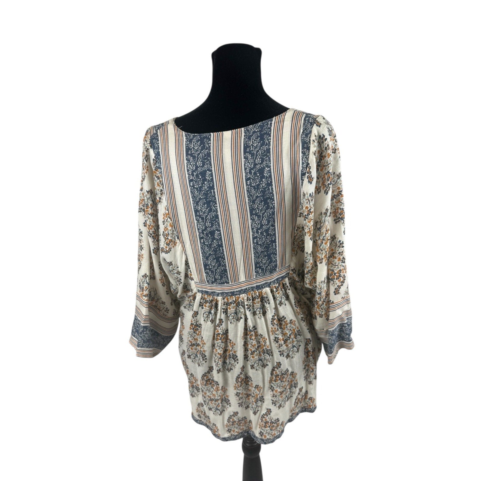 Lucky Brand Orange/Blue Floral Tunic Blouse Shirt 3/4 Sleeve Size M