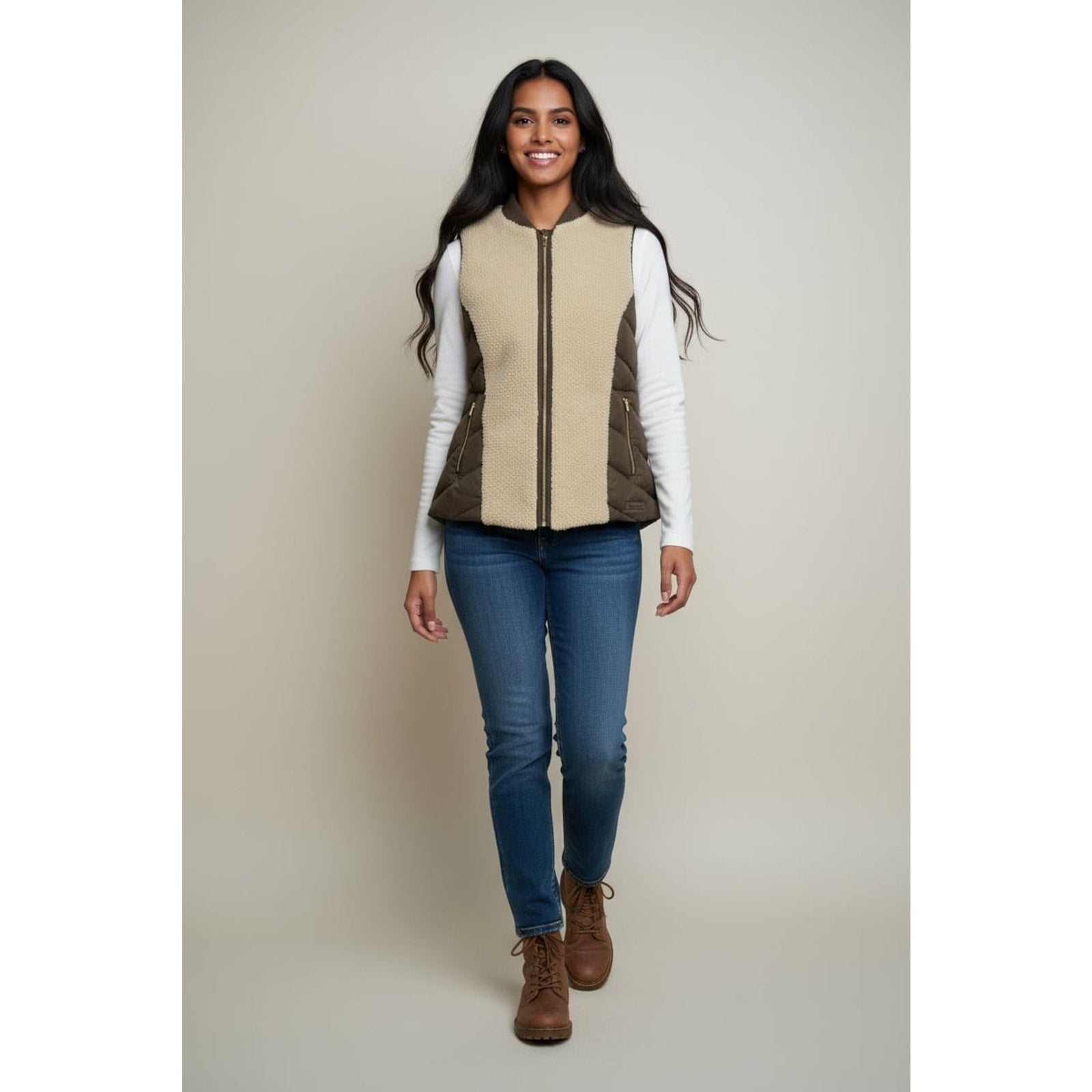 Athleta Tundra Responsible Down Sherpa Puffer Vest Brown Cream Size L