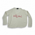 Bougiere Boutique cream v-neck sweater with 'salty soul' embroidered in pink. Cotton-acrylic blend.