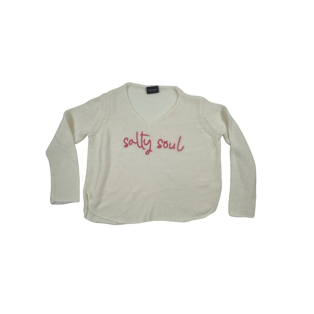 Bougiere Boutique cream cotton-acrylic blend V-neck sweater with 'salty soul' pink embroidery and side slits.
