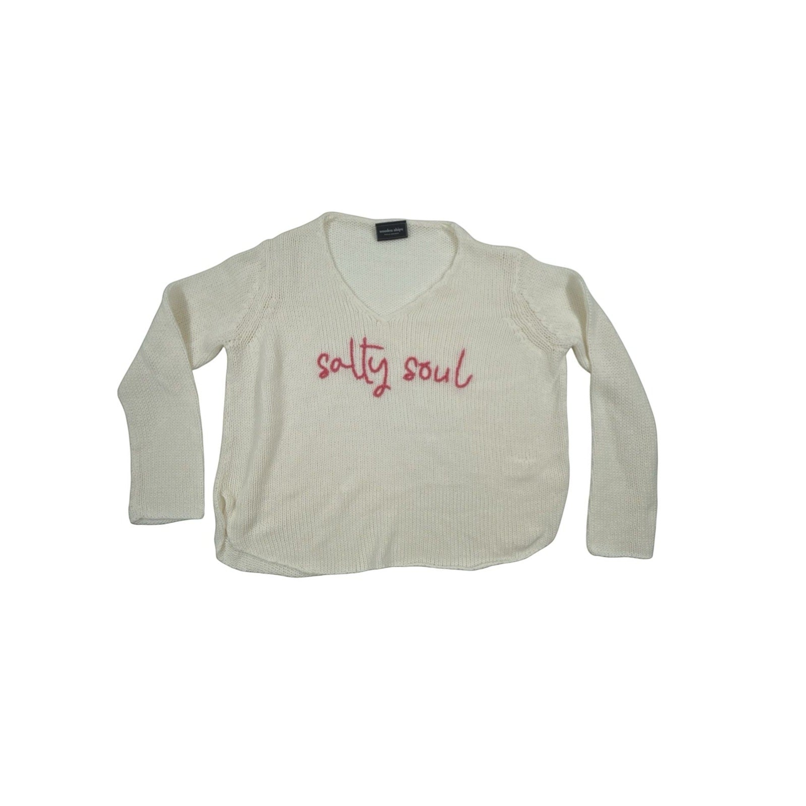 Bougiere Boutique cream cotton-acrylic blend V-neck sweater with 'salty soul' pink embroidery and side slits.