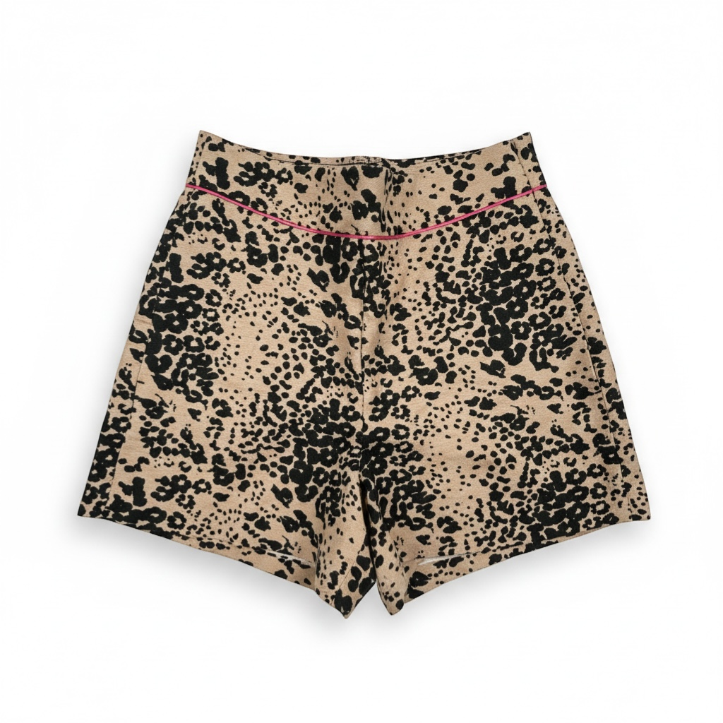 Bougiere Boutique tan and black leopard print linen blend shorts with pink piping detail. High-rise, size 0.