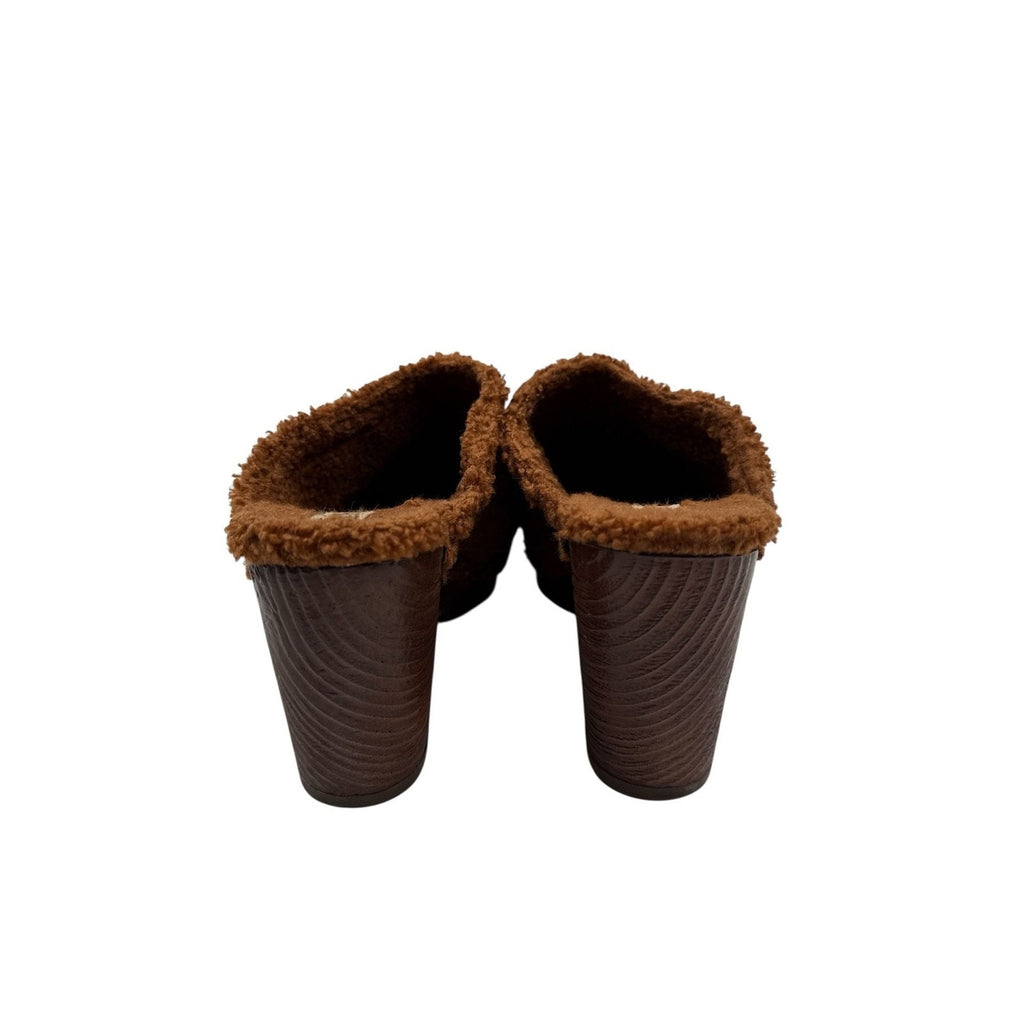 Korks Teddy Brown Faux Fur Studded Block Heel Clogs size 8