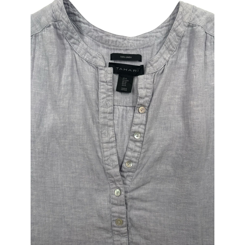 Tahari 100% Linen Sleeveless Henley Tank Top Grey Size Medium