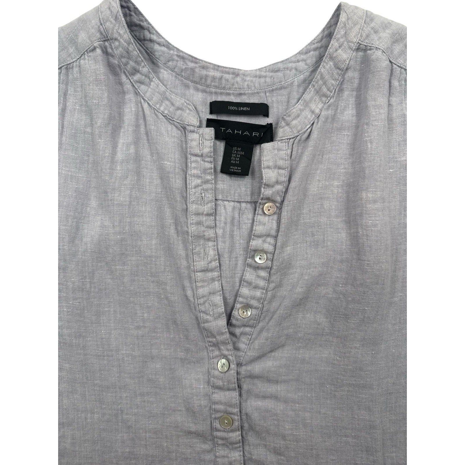 Tahari 100% Linen Sleeveless Henley Tank Top Grey Size Medium