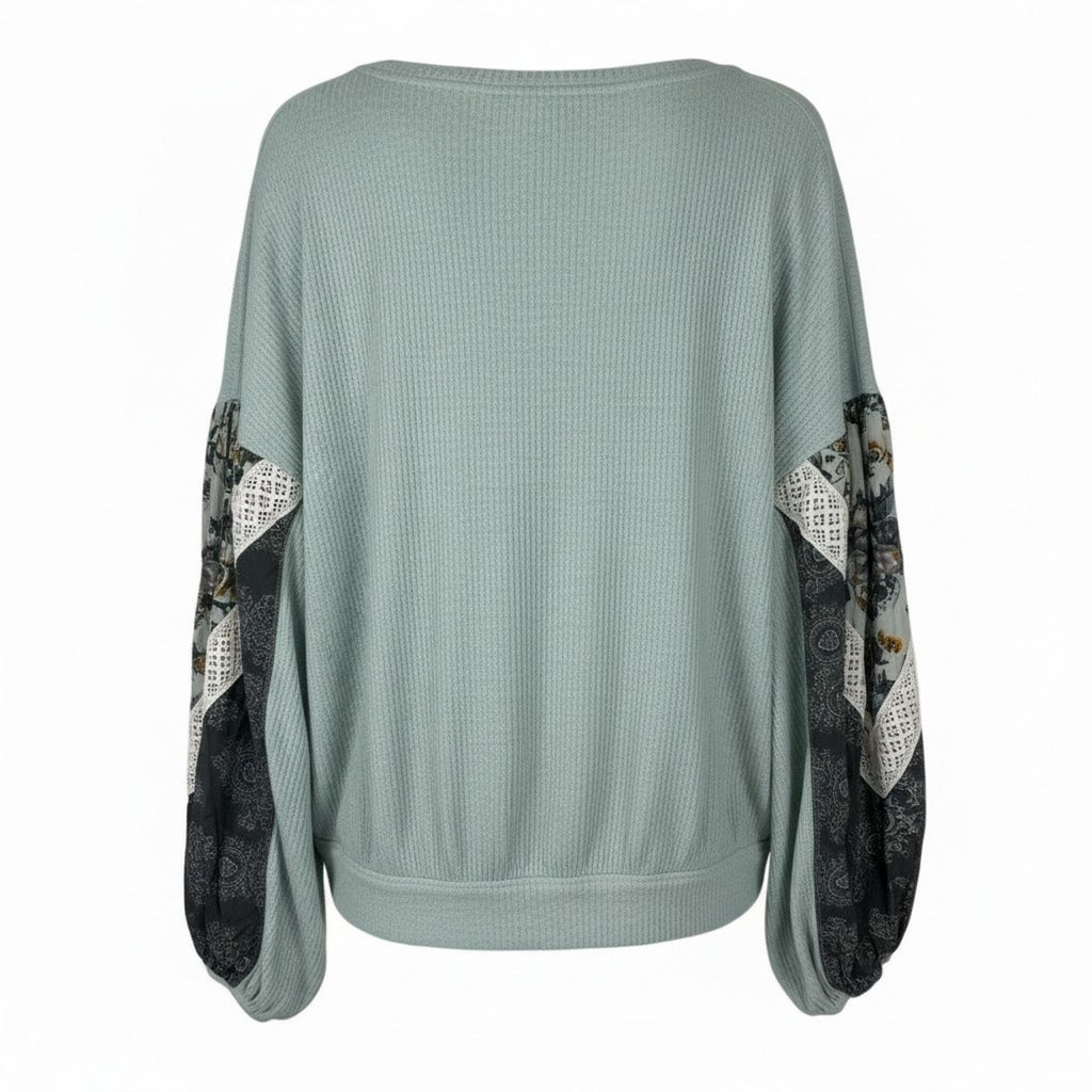 Free People Casual Clash Balloon Sleeve Mint Green Boho Blouse Size M