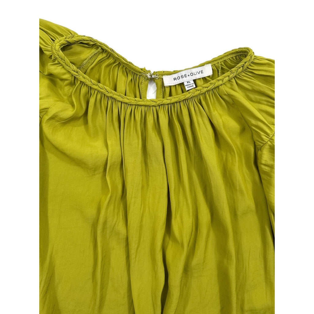 Rose + Olive Chartreuse Green Braided Trim Flutter Sleeve Blouse XL