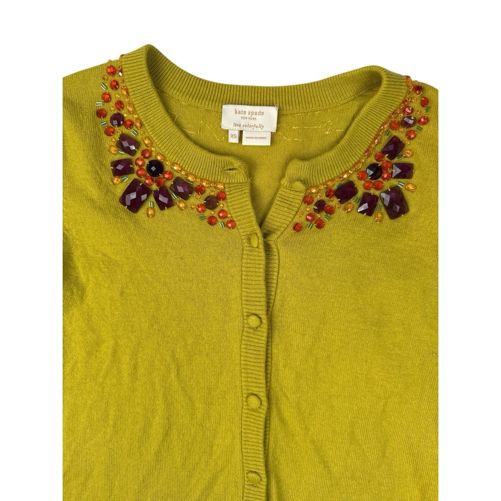 Kate Spade Cashmere Cardigan 3/4 Sleeve Jeweled Lime Green Yellow Size XS