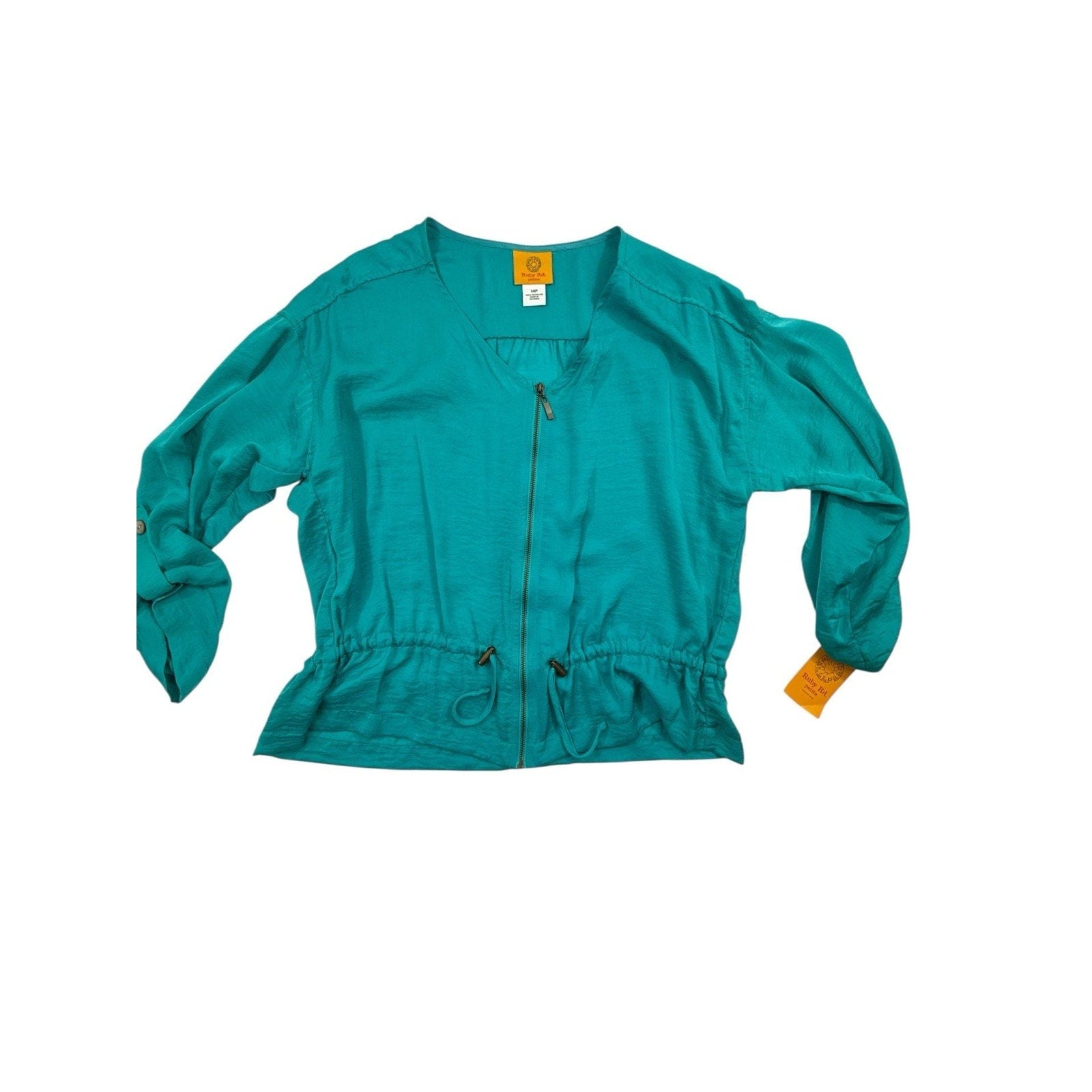 Ruby Rd. Petite Turquoise Full Zip Drawstring Waist Roll Tab Blouse Jacket