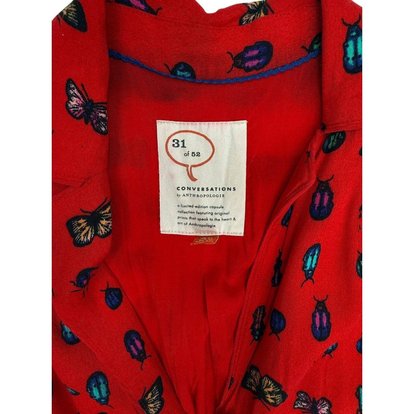 Anthropologie 52 Conversations Colloquial Bug Butterfly Shirt Dress Red Size 0