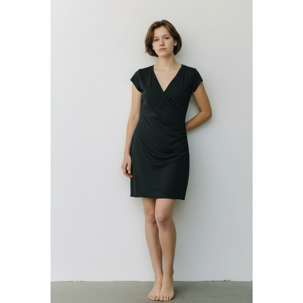 Athleta Nectar Faux Wrap Black Knee Length Dress Women's Size LP