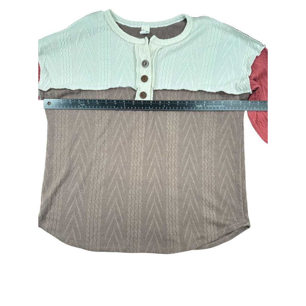 7th Ray Bohemian Colorblock Henley Cable Knit Multi-Texture Long Sleeve Top