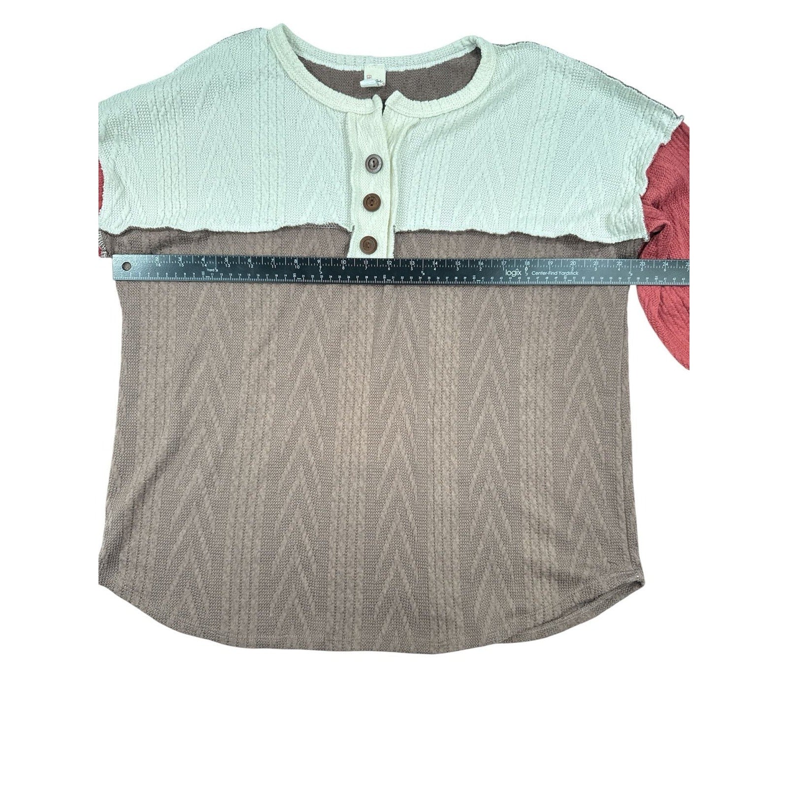 7th Ray Bohemian Colorblock Henley Cable Knit Multi-Texture Long Sleeve Top