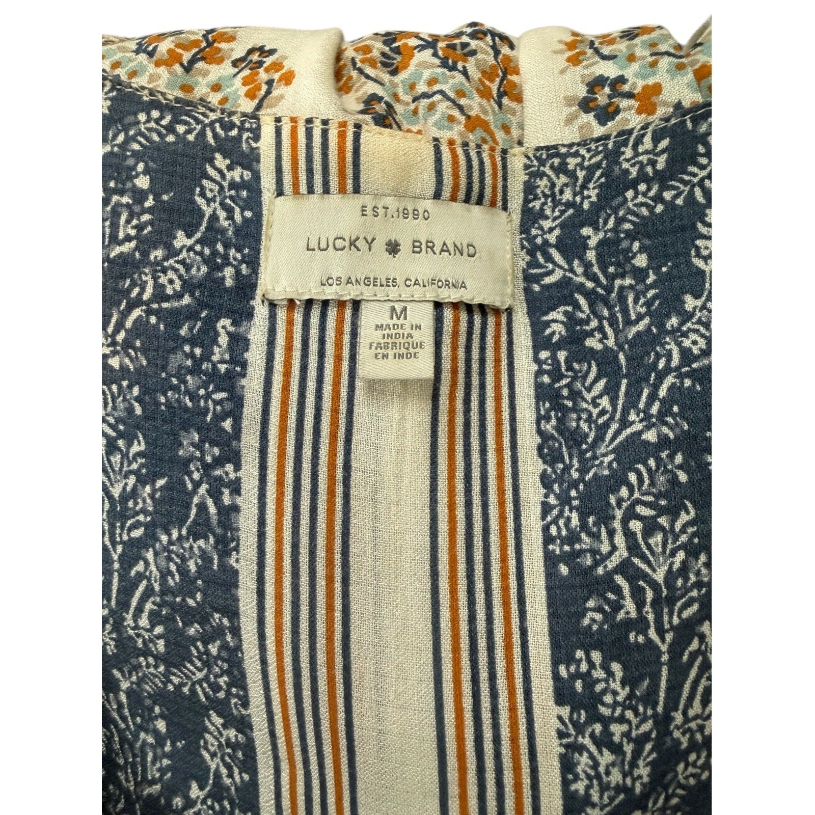 Lucky Brand Orange/Blue Floral Tunic Blouse Shirt 3/4 Sleeve Size M