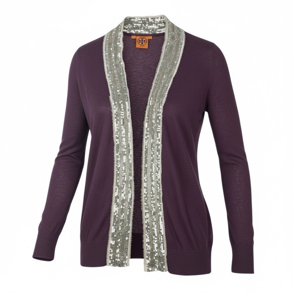 Tory Burch Cardigan Open Front Women's Size Medium Linen Sequin Trimmed Purple