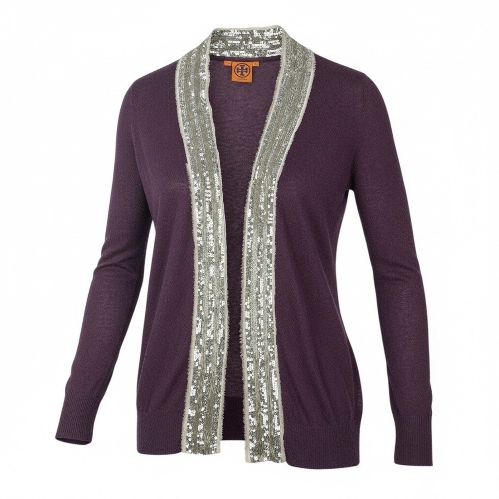 Tory Burch Cardigan Open Front Women's Size Medium Linen Sequin Trimmed Purple