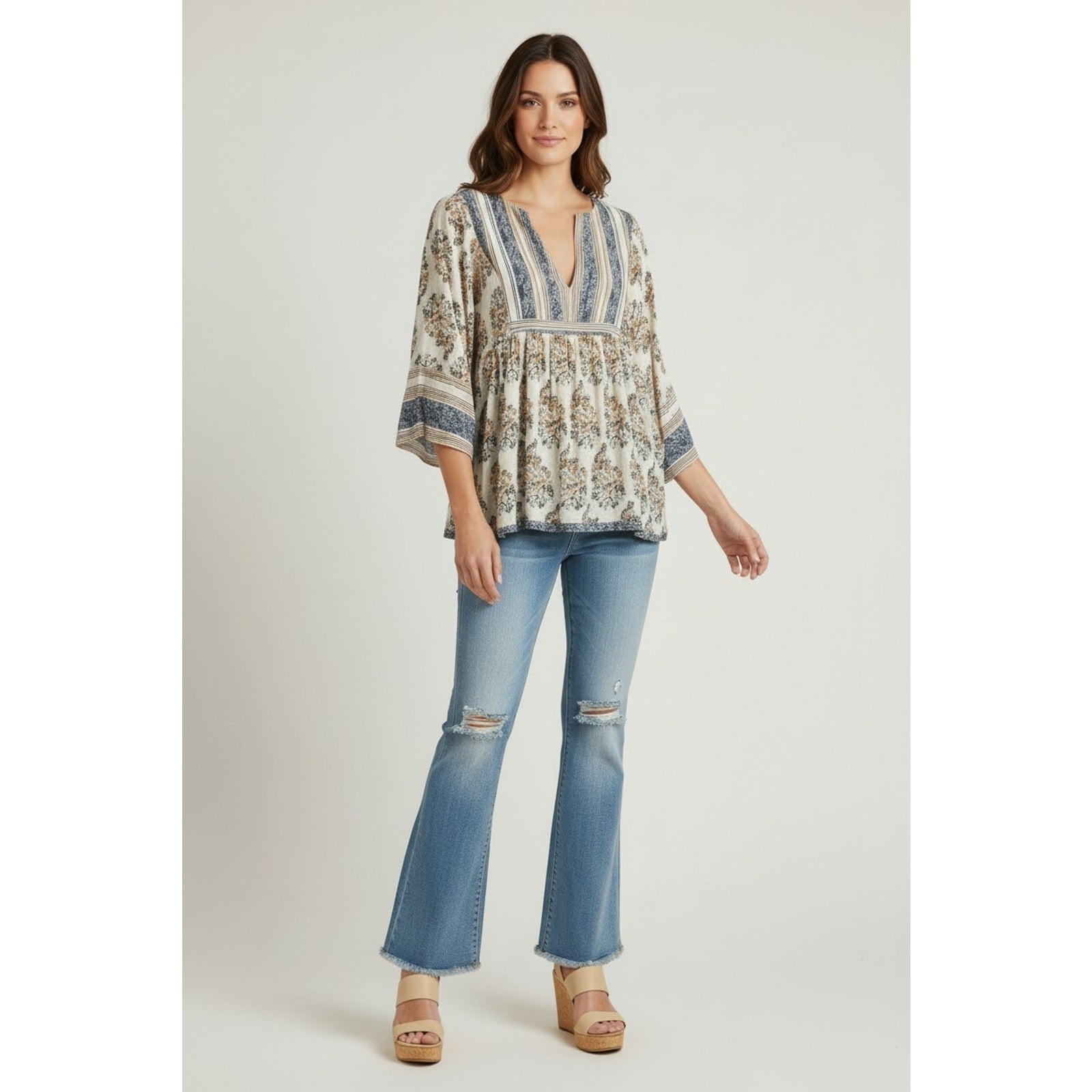 Lucky Brand Orange/Blue Floral Tunic Blouse Shirt 3/4 Sleeve Size M