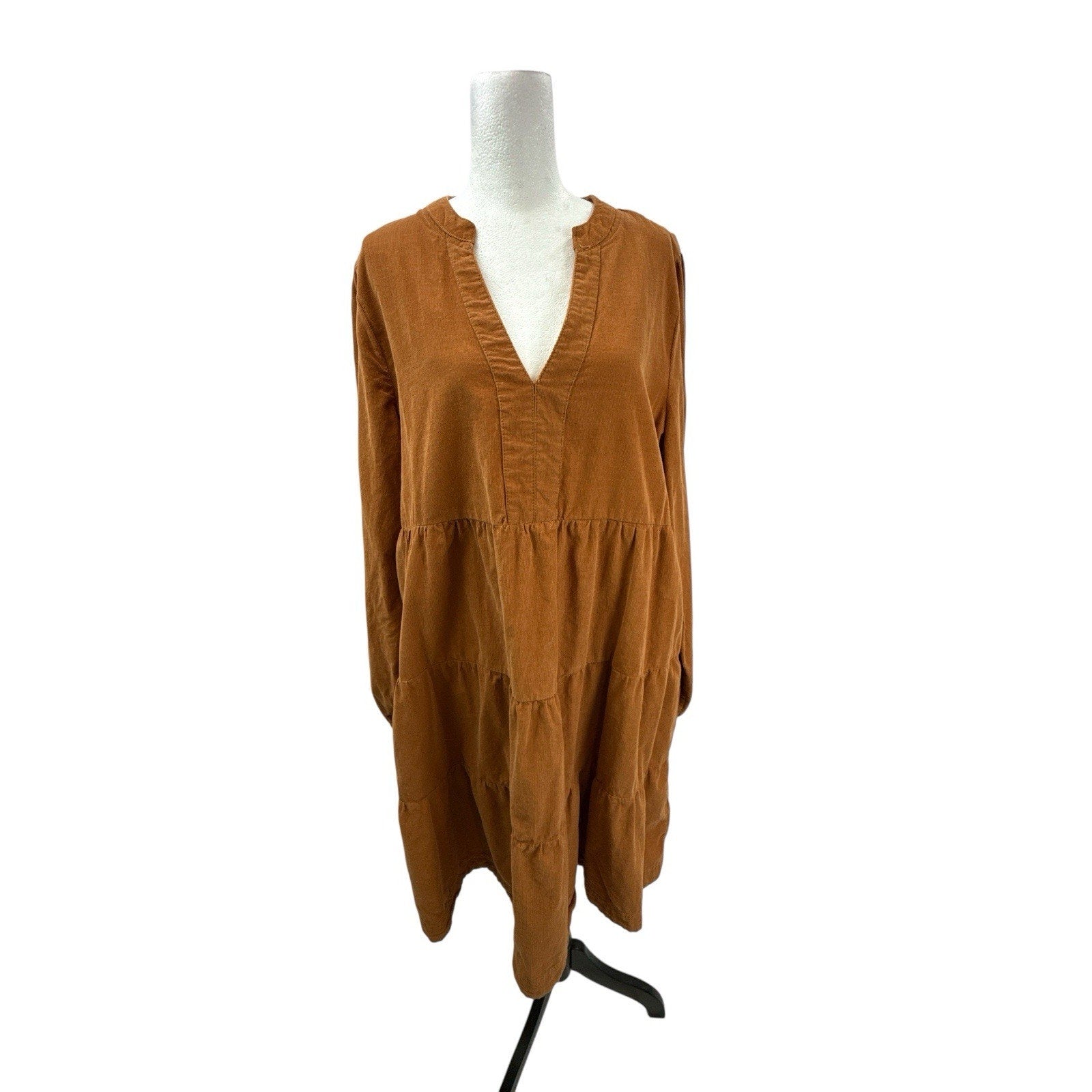 Lucky Brand Burnt Orange Brown Corduroy Long Sleeve Tiered Mini Dress Size L