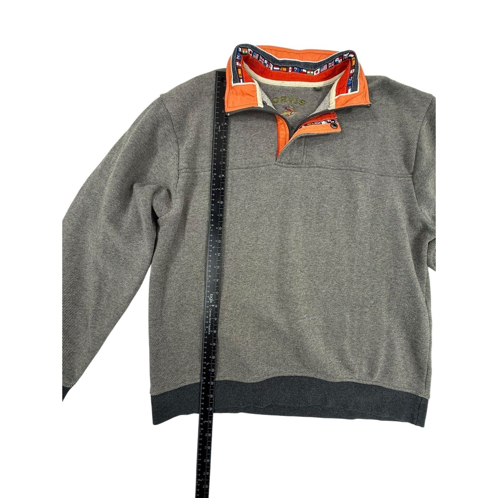 Orvis Men's Gray Waffle Knit 1/4 Zip Pullover with World Flags Collar size L