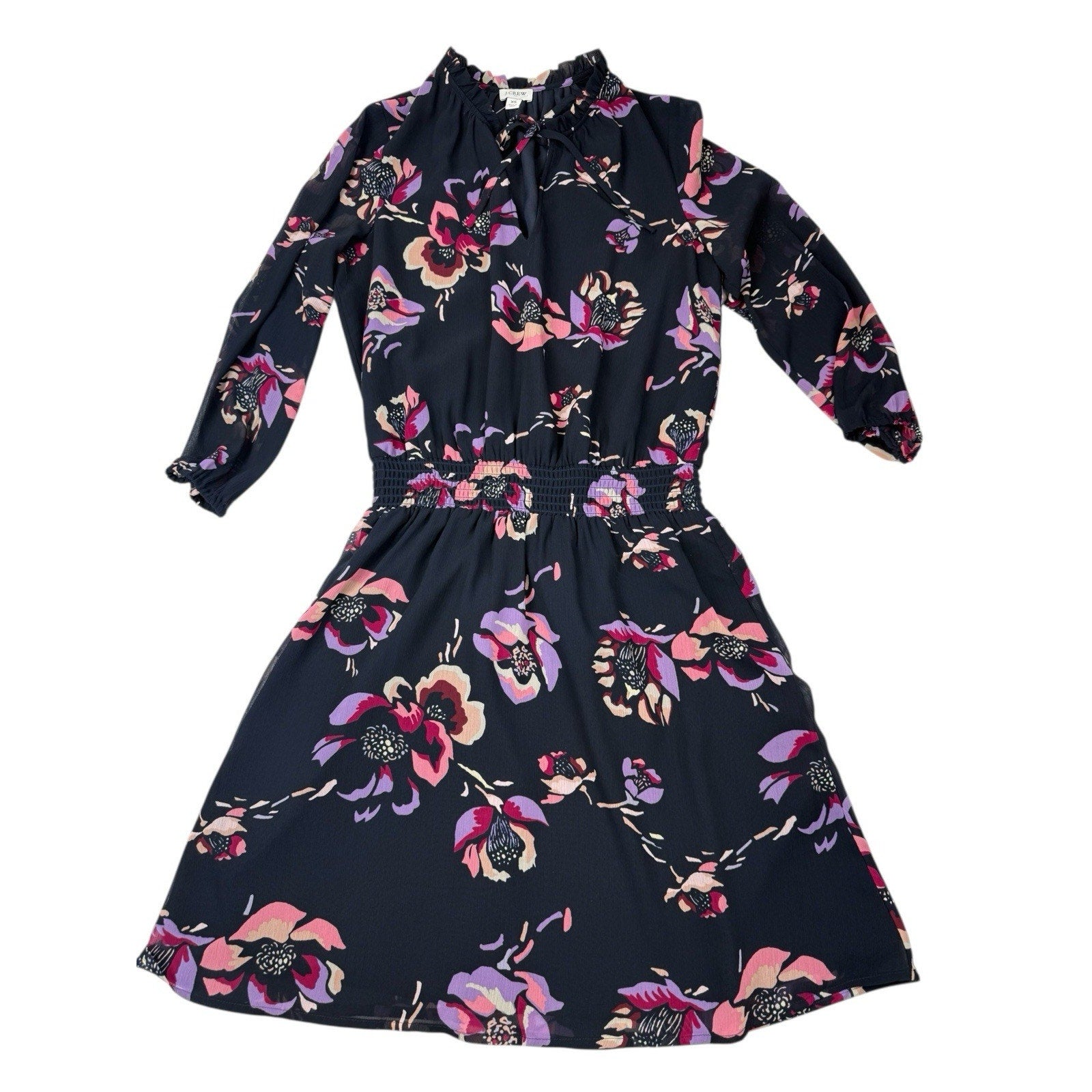 J.Crew Women's Navy Floral print smocked-waist dress Size XS NWTs