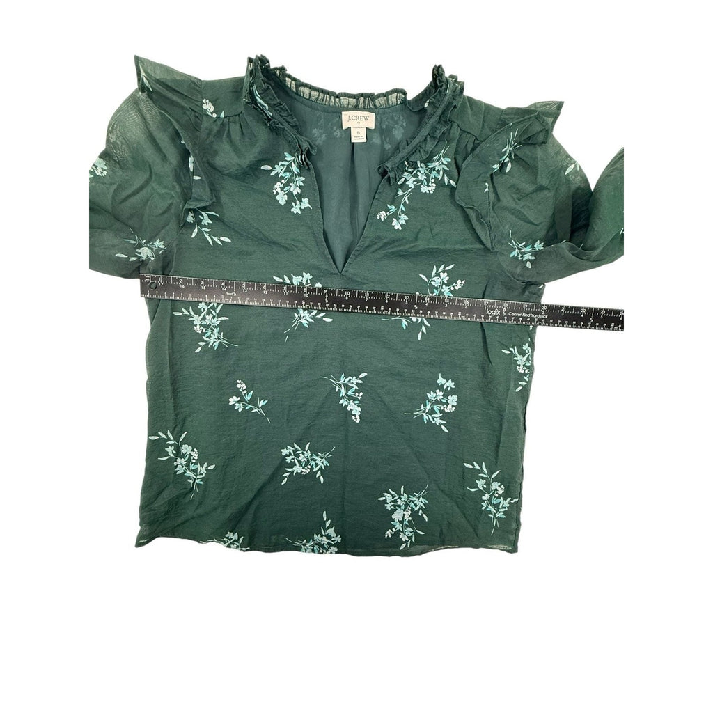 J.Crew Ruffle Collar Floral V-Neck Sheer Blouse in Emerald Green Size S