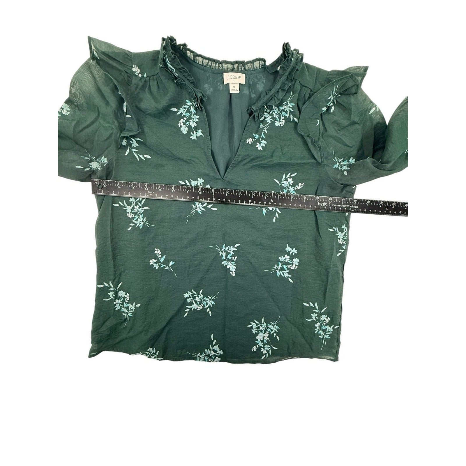 J.Crew Ruffle Collar Floral V-Neck Sheer Blouse in Emerald Green Size S