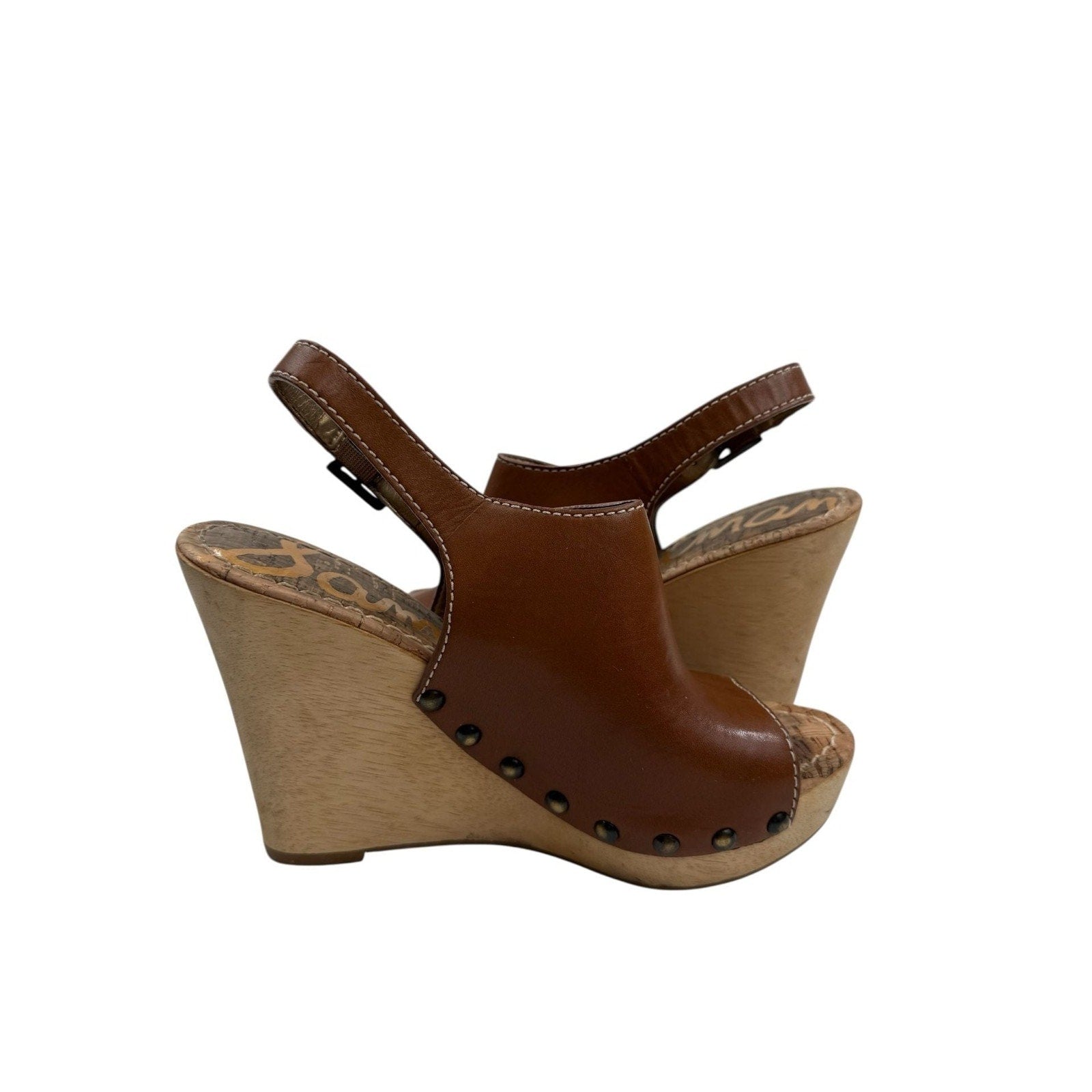 Sam Edelman Camilla Brown Leather Wooden Platform Wedge Slingback Sandals 7.5