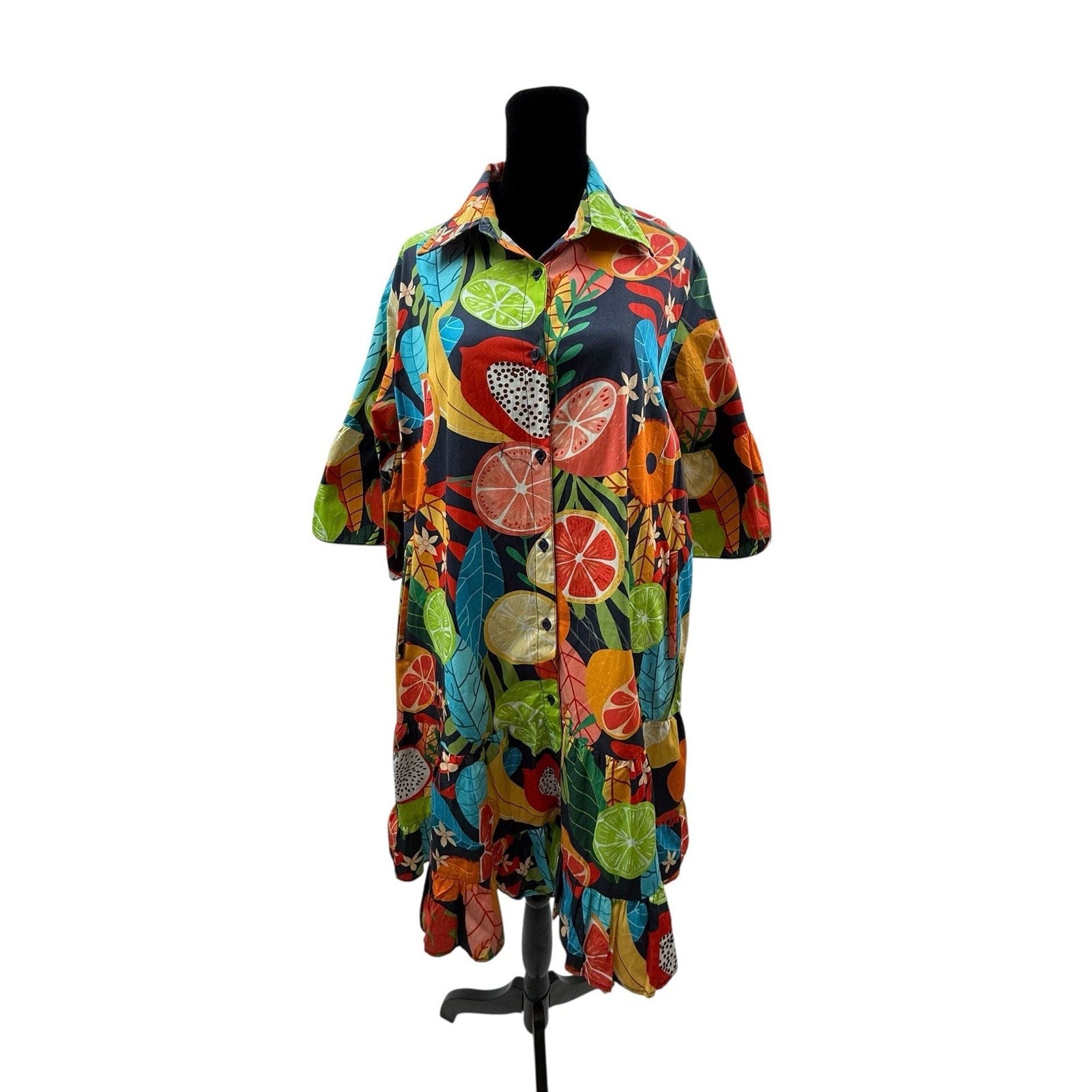 Maude Vivante 100% Cotton Tropical Fruit Print Tiered Shirt Dress