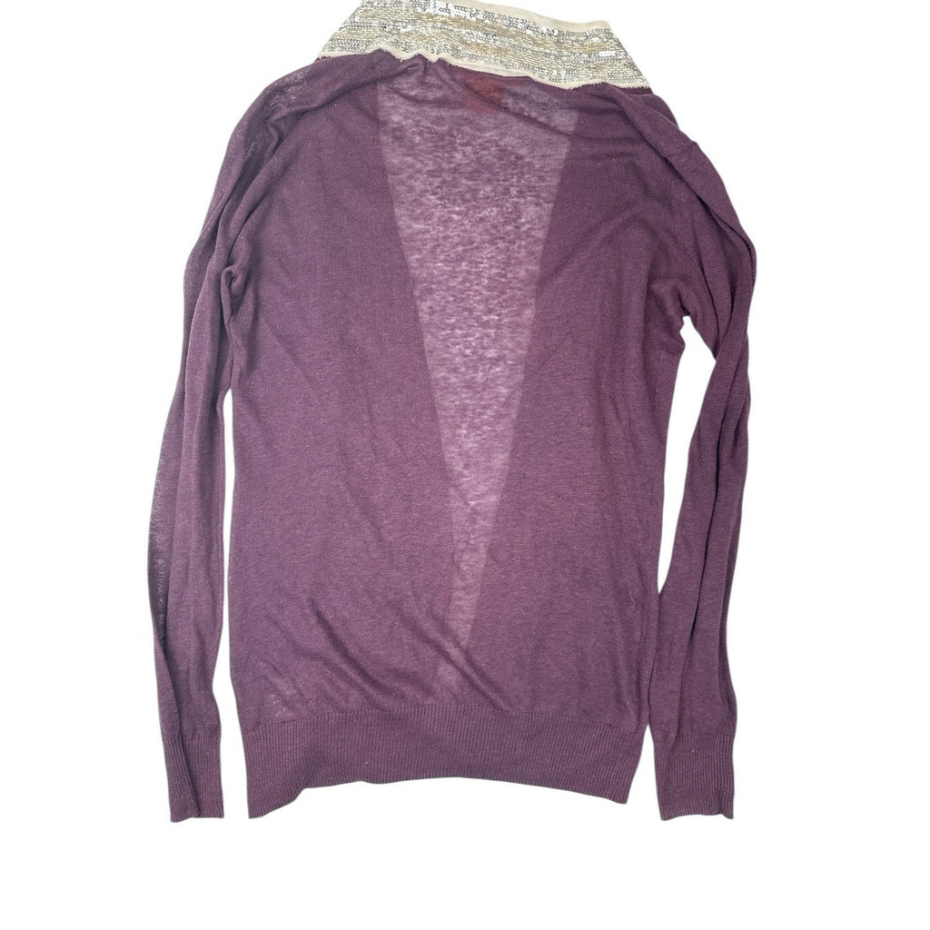 Tory Burch Cardigan Open Front Women's Size Medium Linen Sequin Trimmed Purple