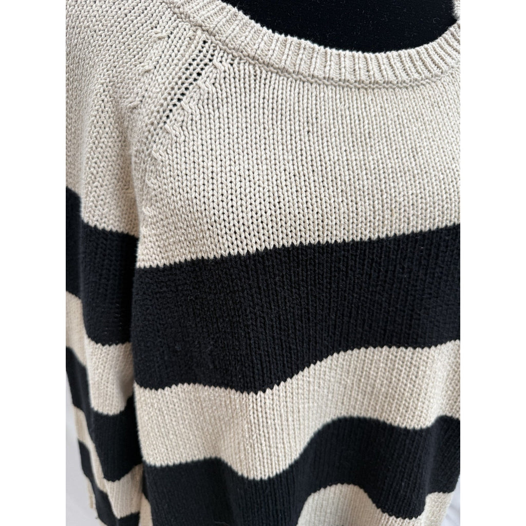 Womens Ann Taylor Striped Black/Ivory Tunic Cable Knit Sweater Size L