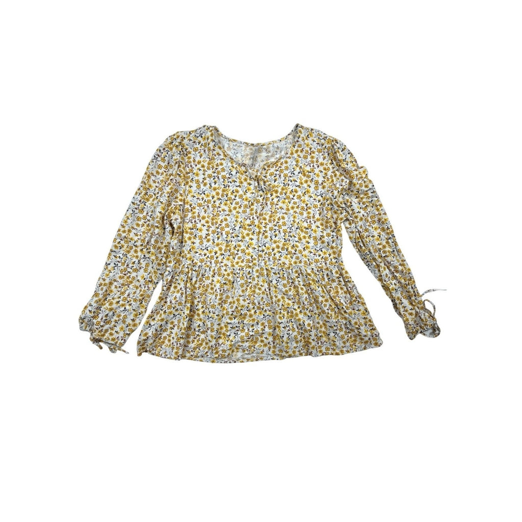 Lee Cooper London Yellow Floral Peplum Blouse with Tie Neck and Cuffed Sleeves X
