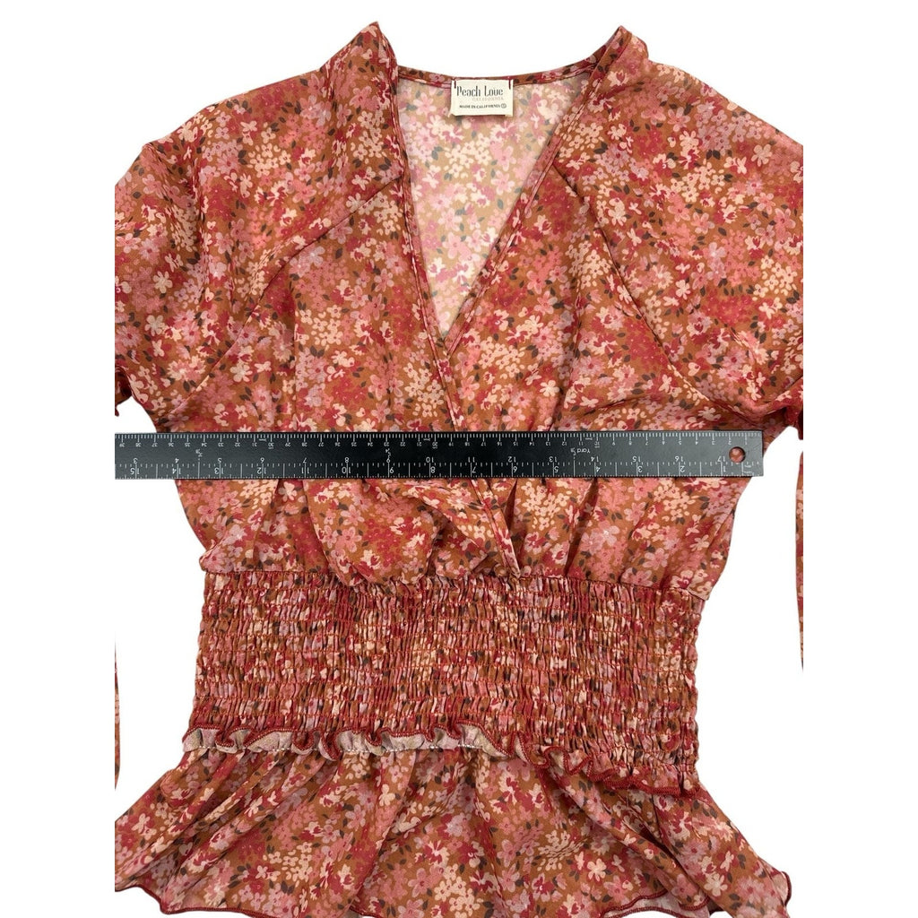 Peach Love California Floral Smocked Waist Bell Sleeve Wrap Blouse