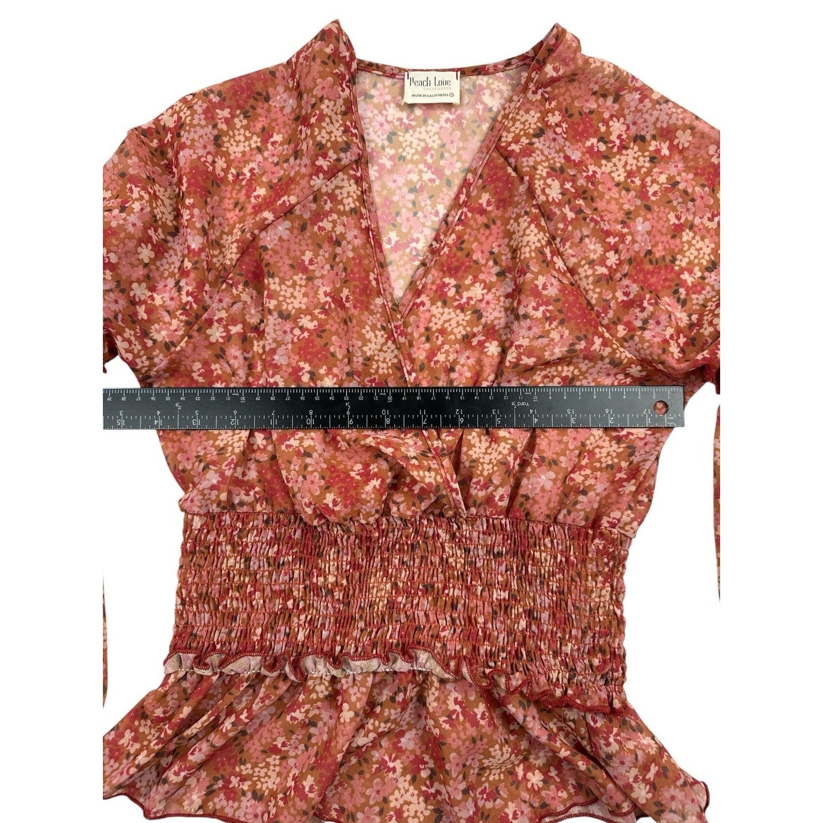 Peach Love California Floral Smocked Waist Bell Sleeve Wrap Blouse