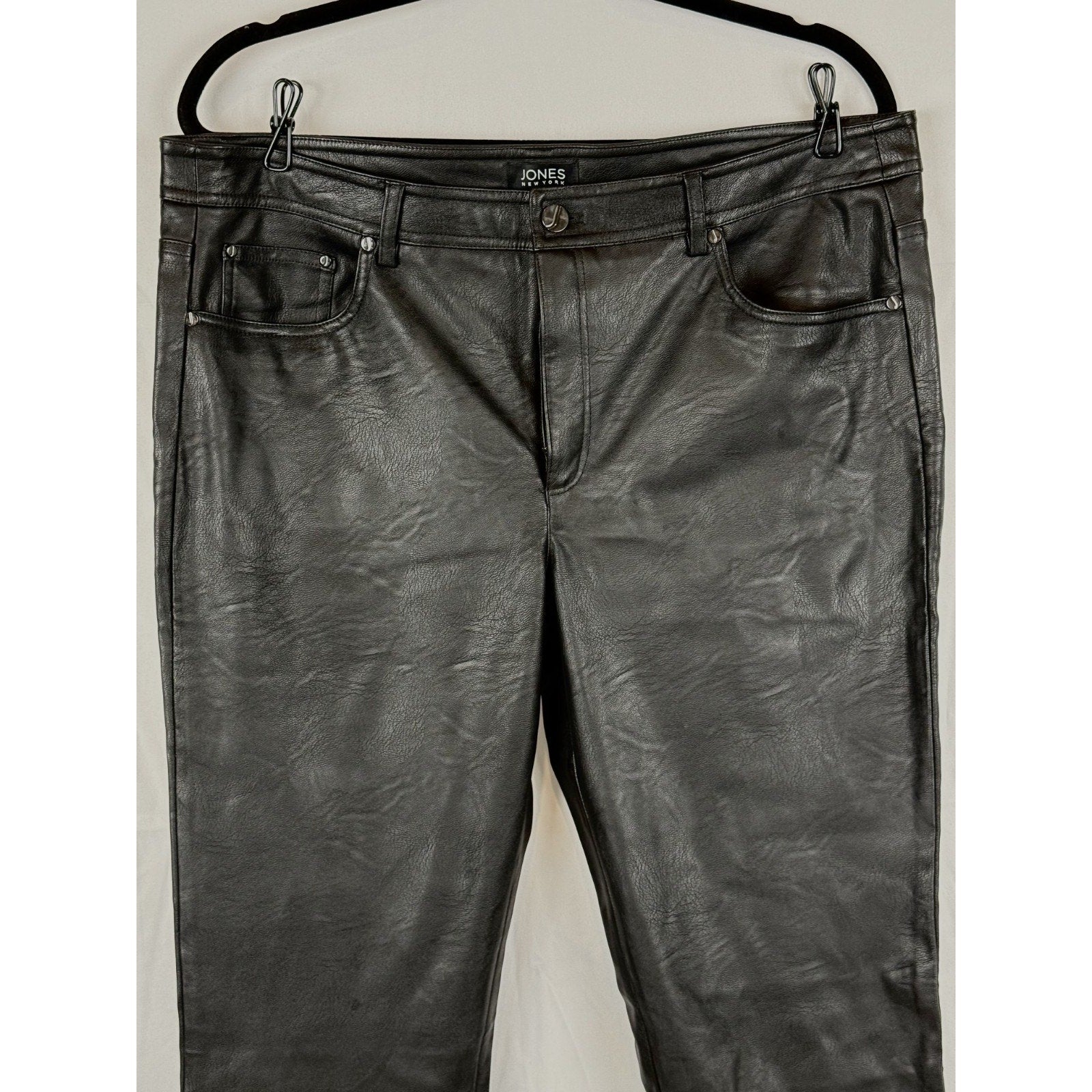 Jones New York Pants Black Faux Leather High Rise Straight Leg Size 14