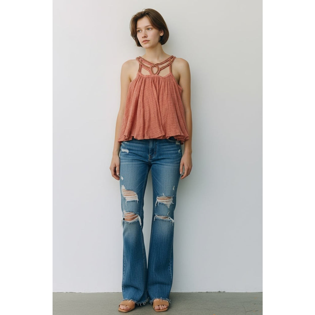 Altar'd State Flowy Beaded Boho Halter Tank Top in Rose