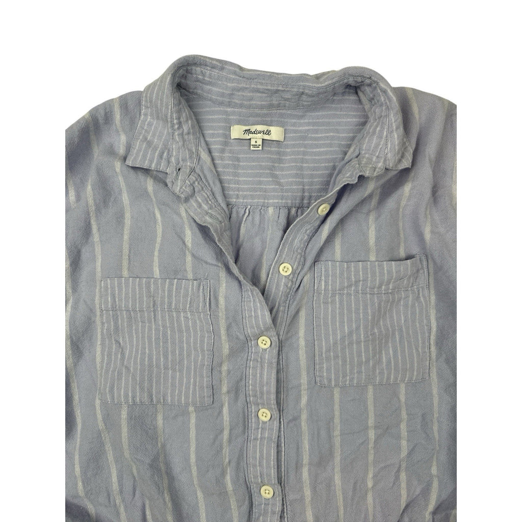 Madewell Linen-Blend Button-Up Drawstring Shirt in Stripe Distant Lavender S
