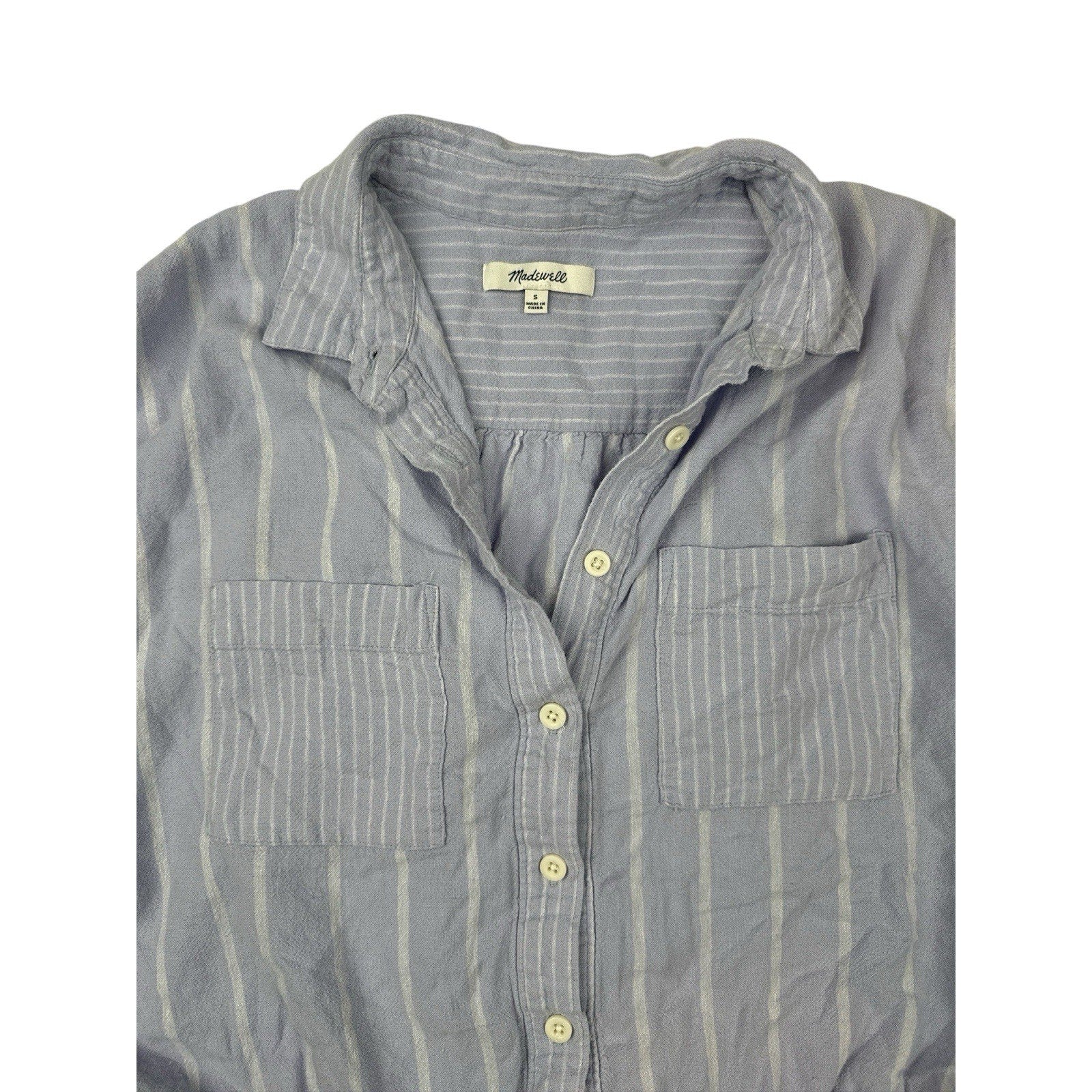 Madewell Linen-Blend Button-Up Drawstring Shirt in Stripe Distant Lavender S