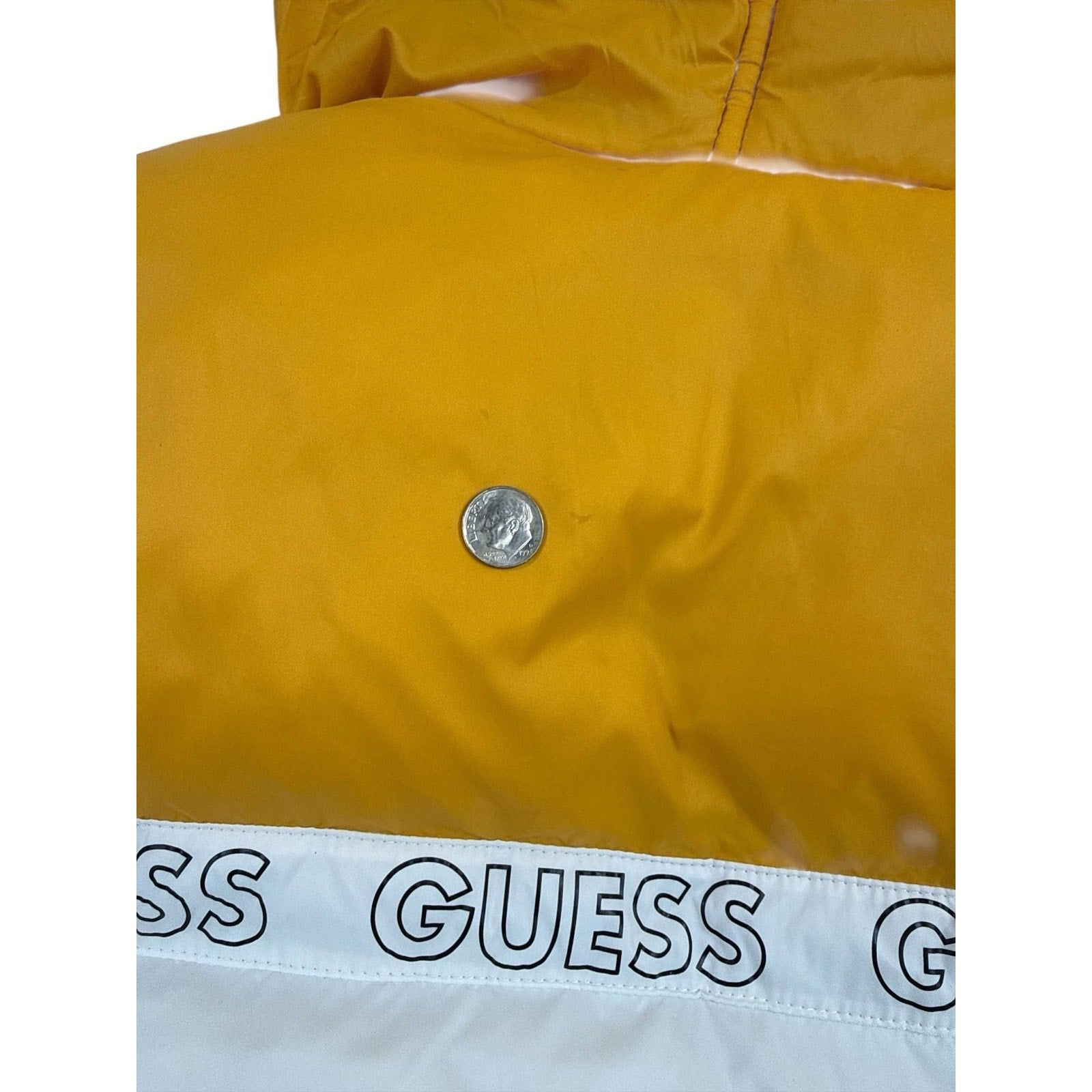 GUESS Men's Colorblock Spellout Logo Hooded Puffer Jacket size L