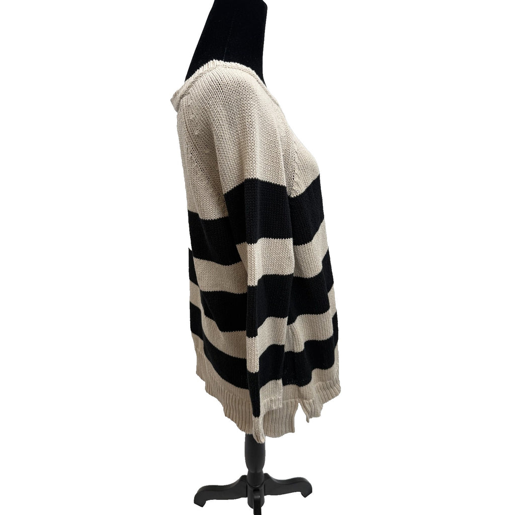 Womens Ann Taylor Striped Black/Ivory Tunic Cable Knit Sweater Size L