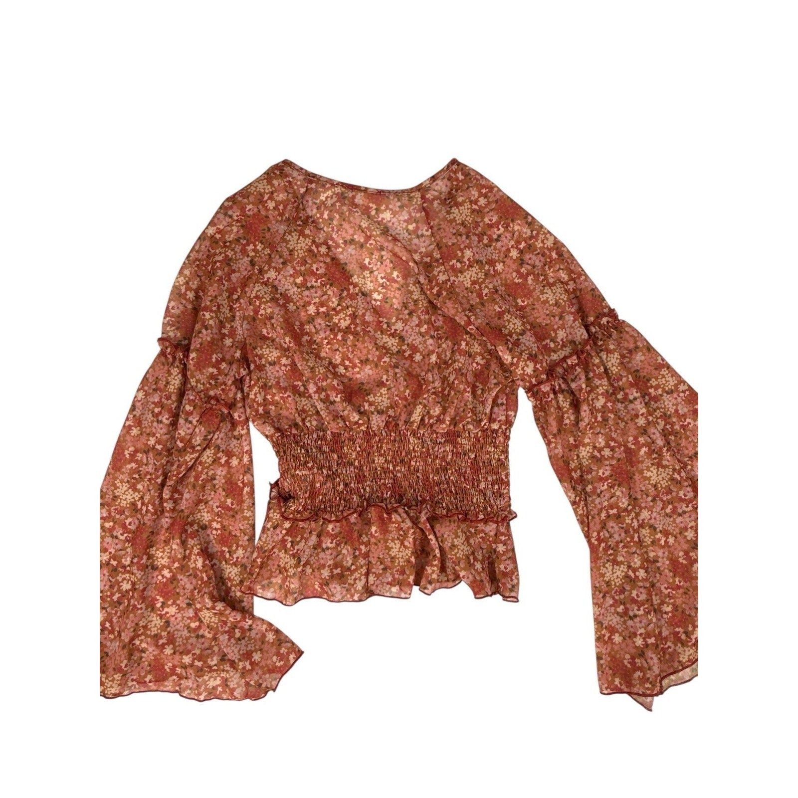 Peach Love California Floral Smocked Waist Bell Sleeve Wrap Blouse