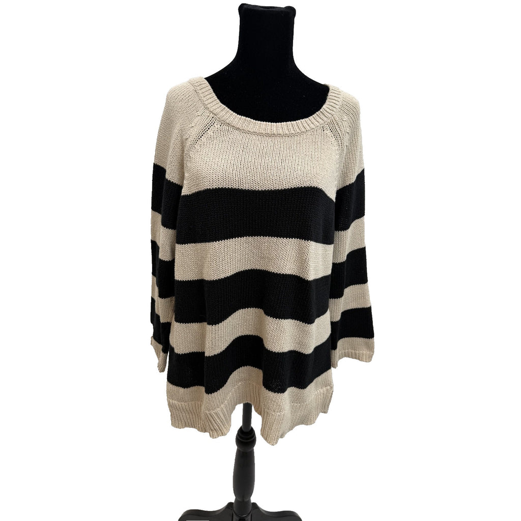 Womens Ann Taylor Striped Black/Ivory Tunic Cable Knit Sweater Size L